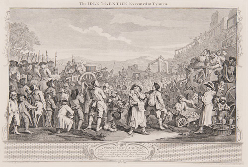 Industry and Idleness
(Plate 11)
The Idle 'Prentice Executed at TyburnLondon, the Idle one brought before him & Impeach'd by his Accomplice 